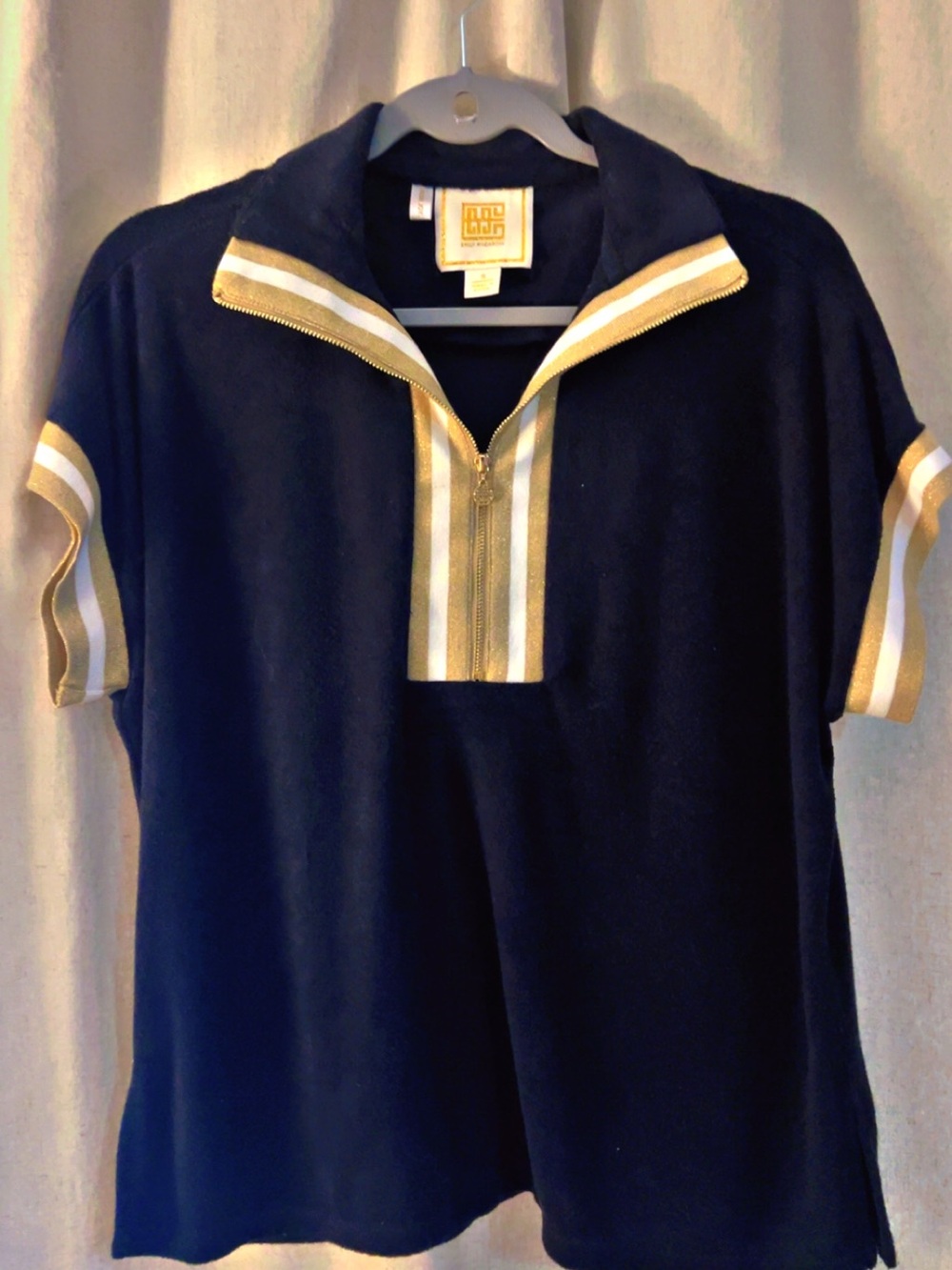 Black Short-Sleeve Collared Top with Gold Trim